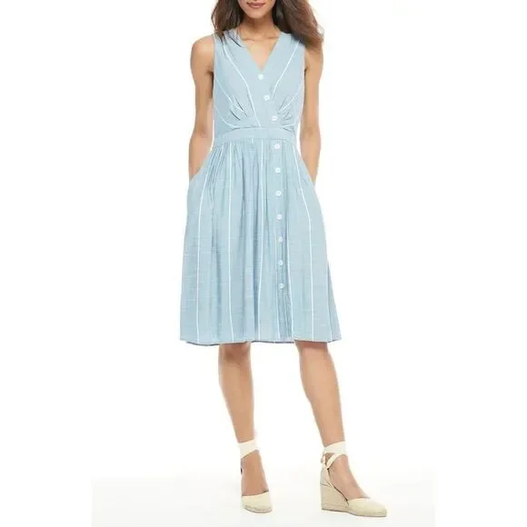 Gal Meets Glam Collection Button Front Surplice Dress Blue With White Stripes Si - Picture 14 of 14